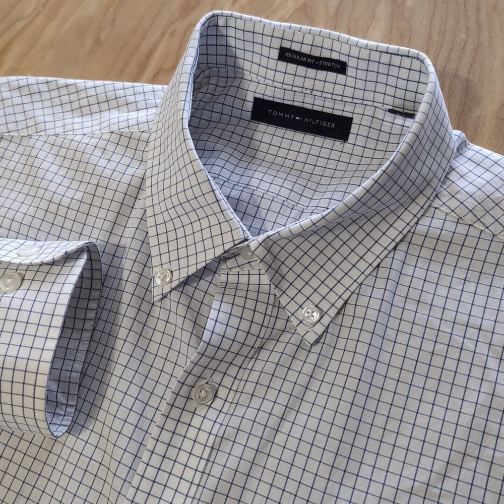 Tommy Hilfiger Shirt Men's XL Blue White Check Regular Fit Stretch Button Down